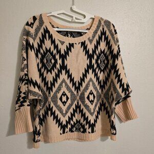 Ya Los Angeles Boho Sweater Batwing Sleeve Aztec Black over Beige Pattern size L